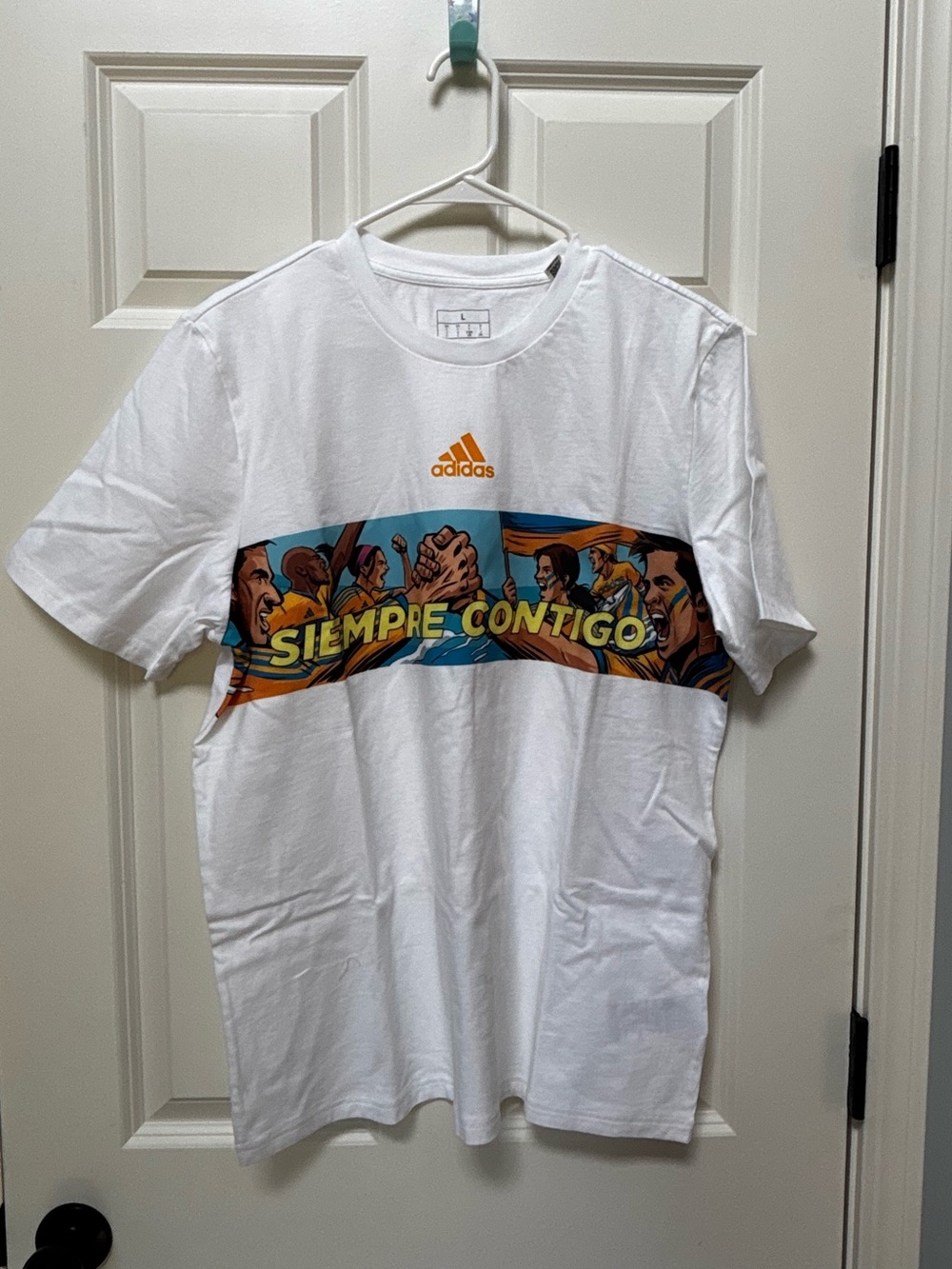 Adidas White Short Sleeve Tee With Colorful 'Siempre Contigo' Graphic